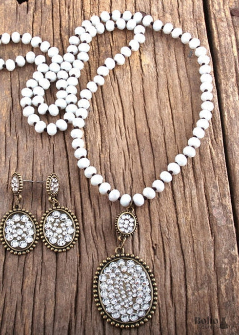 Boho Necklace, Jewelry Set, RH Crystal Black White Glass